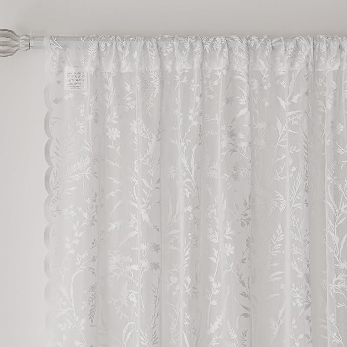 Anmao Vintage Lace Kitchen Curtains 24 Inches Long 2 Panels, Romantic Semi Sheer Floral Over Sink Lacy Cafe Curtain, Elegant Window Short Small Drapes, 55W x 24L, White Leaf