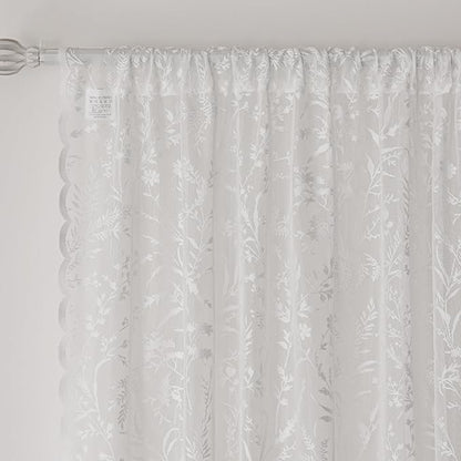 Anmao Vintage Lace Kitchen Curtains 24 Inches Long 2 Panels, Romantic Semi Sheer Floral Over Sink Lacy Cafe Curtain, Elegant Window Short Small Drapes, 55W x 24L, White Leaf