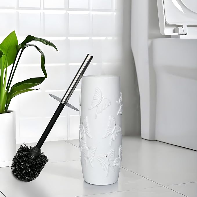 White Butterfly with Rhinestone Design Resin Toilet Holder and Brush Set - Image 3