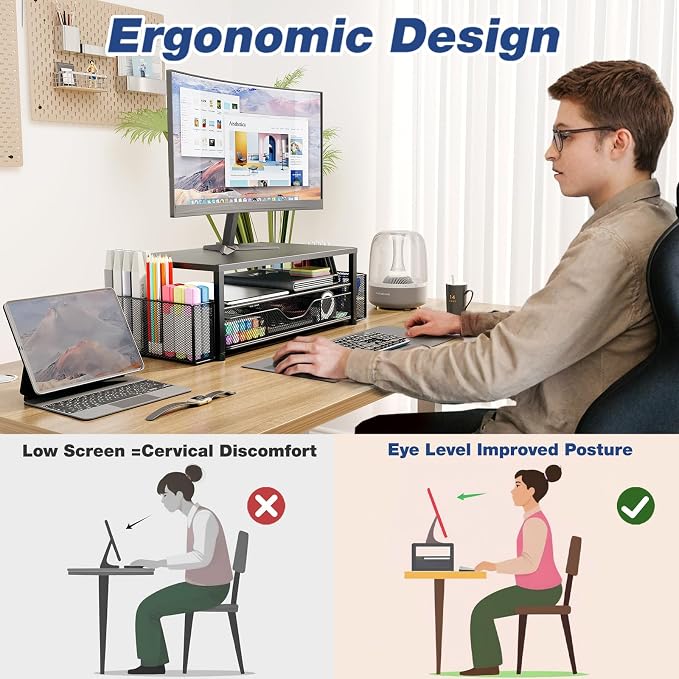 OPNICE Wood Desk Organizers and Accessories, 2-Tier Computer Monitor Stand Riser - Image 6