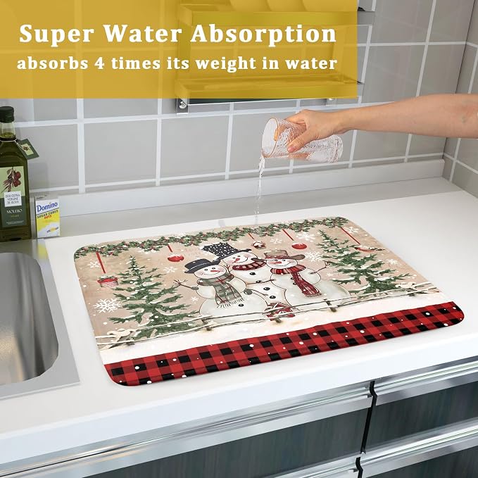 Winter Snowman Dish Drying Mat 18x24 Inch Red Buffalo Plaid Holiday Dish - Image 7