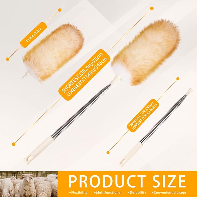 Extendable Lambswool Duster Stainless Steel Handle 133" Removable Feather Duster - Image 2