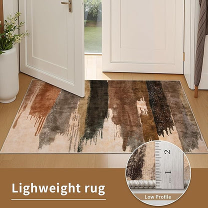 Ciicool 2x6 Washable Runner Rug, Modern Abstract Hallway Rugs Runner, Non-Slip Thin Accent Rug Lightweight Brown Grey Print Distressed Carpet for Laundry Entryway Bedroom Kitchen Indoor