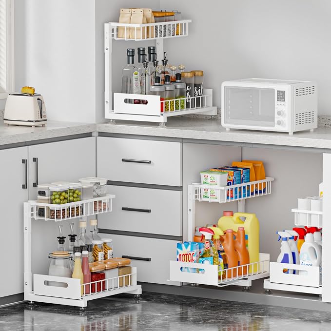 L-Shaped Under Sink Organizer, 2 Pack 2-Tier Pull Out Metal Kitchen Cabinet - Image 3