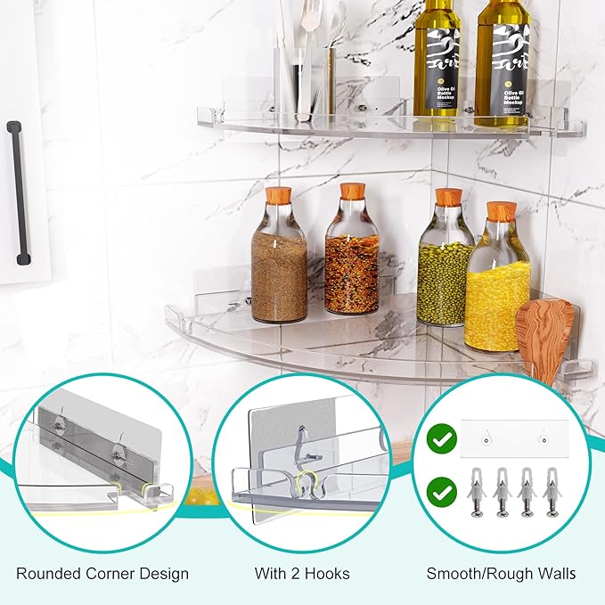 Acrylic Corner Shower Shelves, Adhesive Shower Caddy Organizer - Image 3