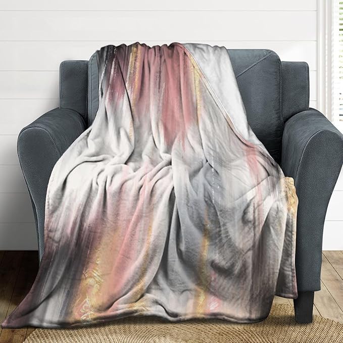 Fashion Gradient Blanket, Modern Art Baroque Gold Grey Pink Painting Strokes Pattern Soft Warm Cozy Plush Flannel Covers for Livingroom Bedroom Couch Chair Camping Travel Home Decor Tapestry 50x60in