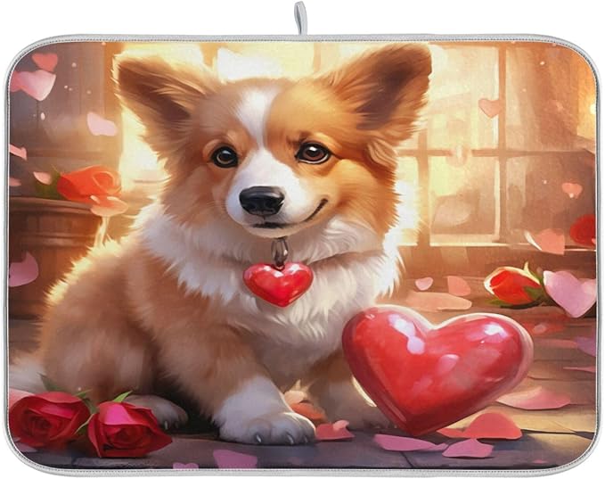 Dish Drying Mat Kitchen Counter Absorbent Valentine Corgi Coffee Sink Mat Dish by Unknown