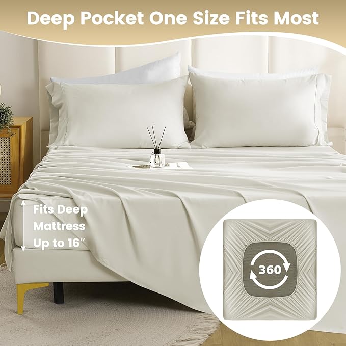 Twin XL Sheets Set - 3 Piece Silky Ultra Soft Breathable Bed Sheet Set, 16" Deep Pocket for Mattress,Hotel Luxury Clearance Twin Size Sheet Sets & Wrinkle Free,Easy Care Cooling Bedding Sheets, Ivory