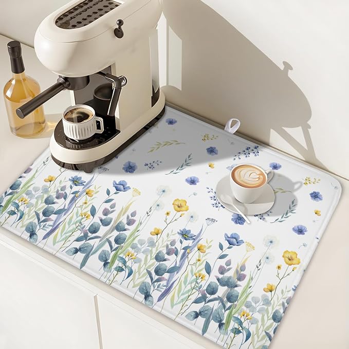 Floral Dish Drying Mat for Kitchen Counter 24x18 Inch Yellow Purple Flower - Image 6