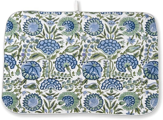 Vintage Blue Sage Green Floral Dish Drying Mat 18 x 24 Inch Boho Floral Drying by Sorktse