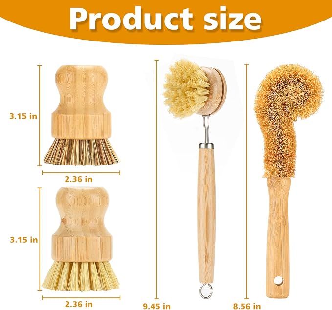 Bamboo Dish Brushes Sets 4 Tools in One Kitchen Clean Dish Scrubber - Image 2