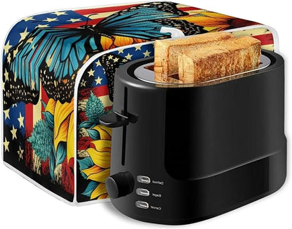 Sunflower Butterfly Print Toaster Cover 2 Slice American Flag Small Kitchen Appliance Cover, Washable Oven Protector Anti-dust Bread Maker Protector