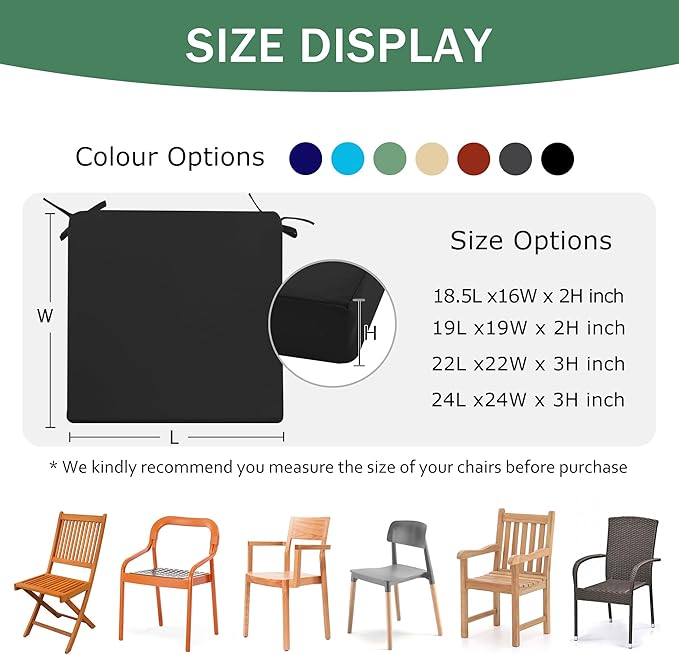 Outdoor Chair Cushions Set of 2: Waterproof & Fade Resistant Deep Seat Cushion for Patio Furniture - 24 x 24 x 3 Inch Chair Pads with Ties and Hidden Zipper - Patio Chair Cushion Replacement, Black
