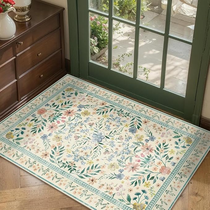 Door Mat Floral Entryway Rug, Washable Samll 2x3 Rug, Boho Green Front Door Mat by Rugxara