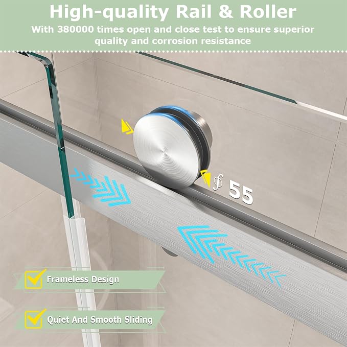 55"-60" W x 60" H Frameless Bathtub Shower Door, Double Sliding Shower Door - Image 6
