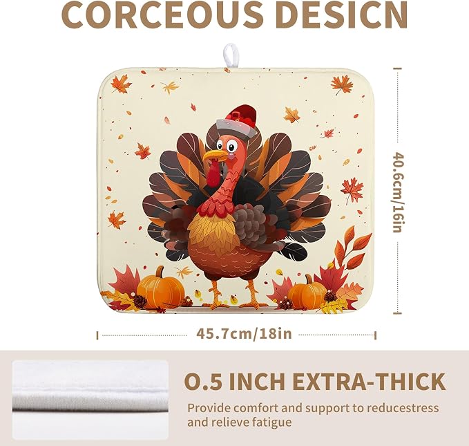 Thankgiving Dish Drying Mat for Kitchen Counter 16x18 Inch Fall Orange Turkey - Image 2