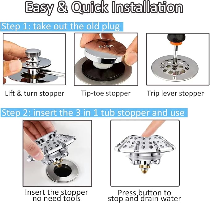 Universal Tub Stopper Bathtub Drain Plug, Pop Up Tub Drain Hair Catcher - Image 3
