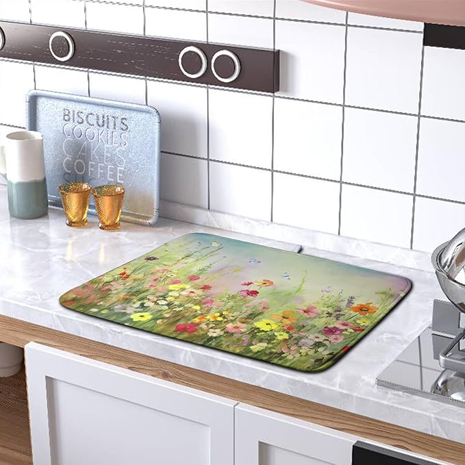 Spring Floral Dish Drying Mat for Kitchen Counter 18x24 Inch Sage Green Wild - Image 5