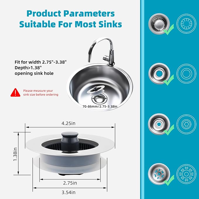 Hibbent 3 in 1 Kitchen Sink Drain Strainer, Stainless Steel Wrapped Shell Drain - Image 7