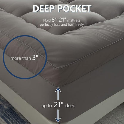 Marine Moon Mattress Topper Queen, Marine Moon Cooling Bed Topper Cover, Thick Soft Pillow Top Mattress Pad, Plush Hotel Down Alternative Mattress Topper with 8-21" Deep Pocket, Grey