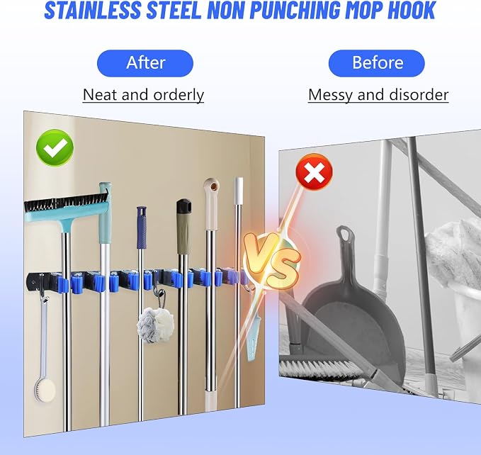 BigKing Mop Broom Holder Wall Mounted, 6 Racks 3 Hooks Heavy Duty Stainless - Image 7