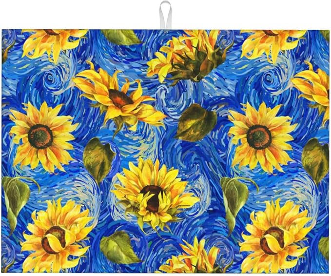 Starry Night Sunflower Blue Dish Drying Mat by Unknown