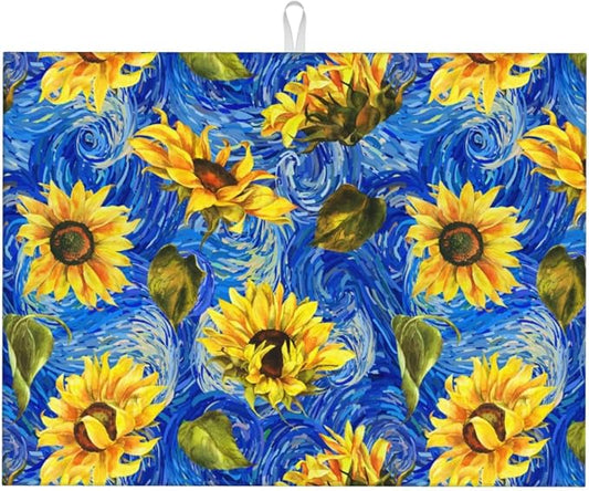 Starry Night Sunflower Blue Dish Drying Mat by Unknown