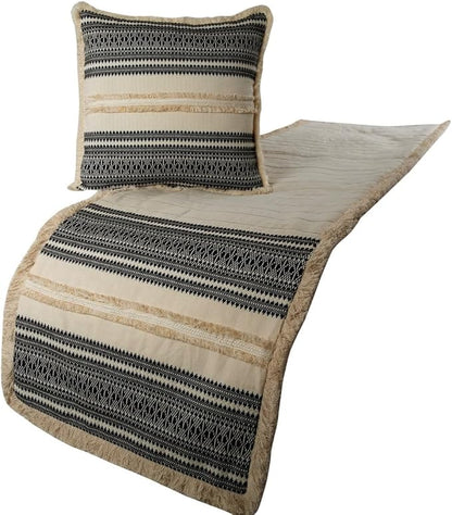 The HomeCentric Beige Bed Runner Without Pillow Cover, King Size 90"x18" Decorative Bed Runner, Beige & Black Linen Bed Scarf in Quilted, Natural Linen with Lace - Moroccan Vibe
