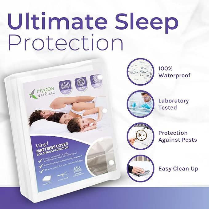 Hygea Natural Twin Size Tear-Free Heavy Duty Vinyl Box Spring and Mattress Cover - Waterproof, Anti-Bed Bug and Allergen-proof, Zippered Encasement - 39” x 75” x 9” Deep - Durable Protection