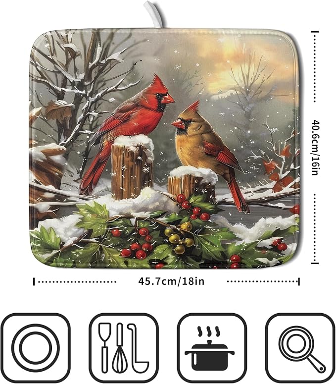 Winter Dish Drying Mat for Kitchen Counter 16x18 Inch Red Birds Cardinal Tree - Image 2