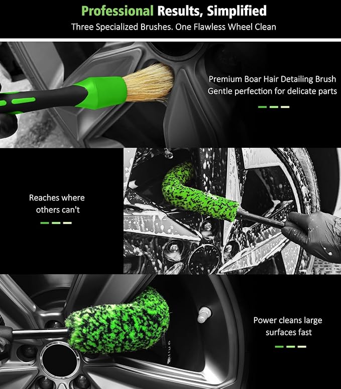 YeewayVeh 3PCS Quick Car Wheel Brush Kit, 2-Size 360° Bendale Rim Cleaner - Image 2