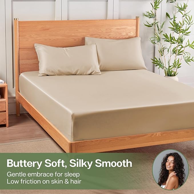MR&HM Full Fitted Sheet Only, Ultra-Soft Rayon Derived from Bamboo & Polyester Blend, Silky & Breathable, 15" Deep Pocket with Elastic Straps, Cooling Fitted Sheet for Hot Sleepers, Beige