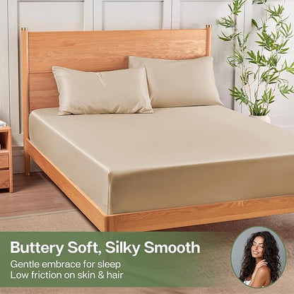MR&HM Full Fitted Sheet Only, Ultra-Soft Rayon Derived from Bamboo & Polyester Blend, Silky & Breathable, 15" Deep Pocket with Elastic Straps, Cooling Fitted Sheet for Hot Sleepers, Beige