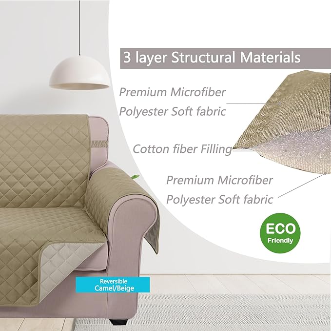 U-NICE HOME Large Sofa Cover Reversible Couch Cover for Dogs with Elastic Straps Water Resistant Furniture Protector for Pets Couch Cover for 4 Cushion Couch (Oversized Sofa, Light Camel/Beige)