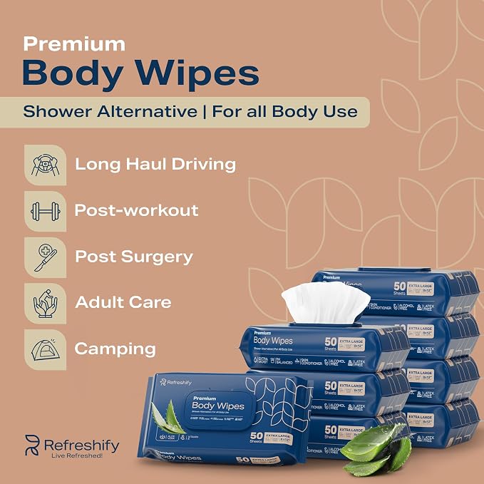 Wet Body Wipes for Adults | Shower Alternative Bathing No Rinse, Large 8” x 12” - Image 2