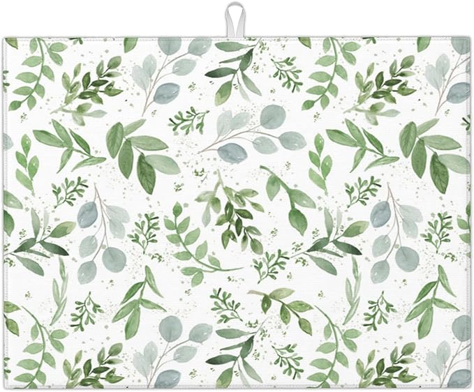 Sage Green Dish Drying Mat for Kitchen Counter Microfiber Absorbent, Spring by Vodbne
