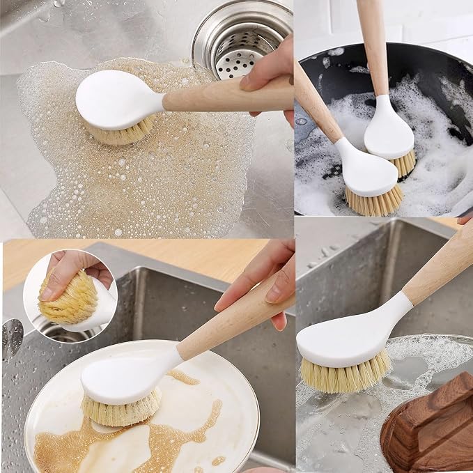 3 Pack Dish Brush Set with Bamboo Handle, Dish Scrubber Built-in Scraper - Image 3