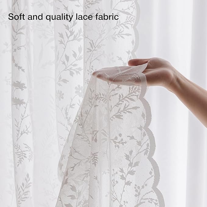 Anmao Vintage Lace Kitchen Curtains 24 Inches Long 2 Panels, Romantic Semi Sheer Floral Over Sink Lacy Cafe Curtain, Elegant Window Short Small Drapes, 55W x 24L, White Leaf