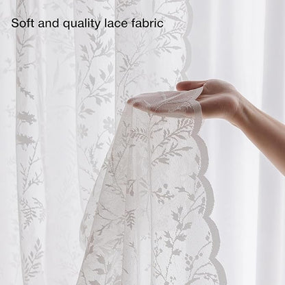 Anmao Vintage Lace Kitchen Curtains 24 Inches Long 2 Panels, Romantic Semi Sheer Floral Over Sink Lacy Cafe Curtain, Elegant Window Short Small Drapes, 55W x 24L, White Leaf