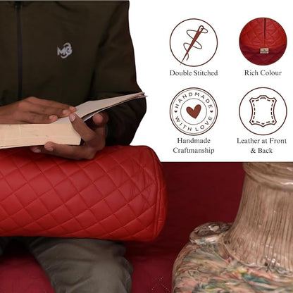Neck Roll Pillow Cushion Cover, 24x7 Inch Full Moon Round Bolster Pillow Case, Cylinder Soft Lambskin Leather Pillowcase for Head, Spine & Neck Support During Sleep - Quilted Cherry Red Pack of 1