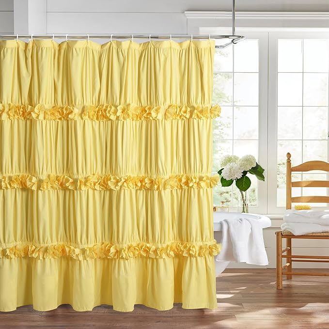 Bright Yellow Shower Curtain, Vintage Handcrafted Bow Tie Bath Curtain by Homechoice+Decor