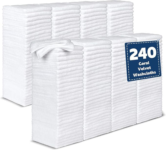 Coral Velvet Washcloths Bulk -240 Pack, Highly Absorbent and Soft White Face by TEAWOO