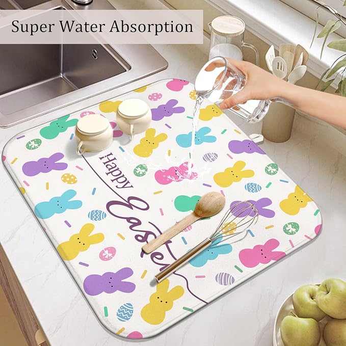 Happy Easter Dish Drying Mat for Kitchen Counter, Cute Bunny Microfiber Drying - Image 5