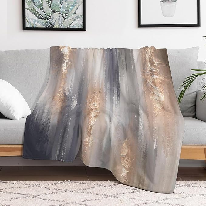 Abstract Gradient Blanket, Modern Fashion Baroque Gold Grey Painting Strokes Pattern Soft Warm Cozy Plush Flannel Covers for Livingroom Bedroom Couch Chair Camping Travel Home Decor Tapestry 30x40in
