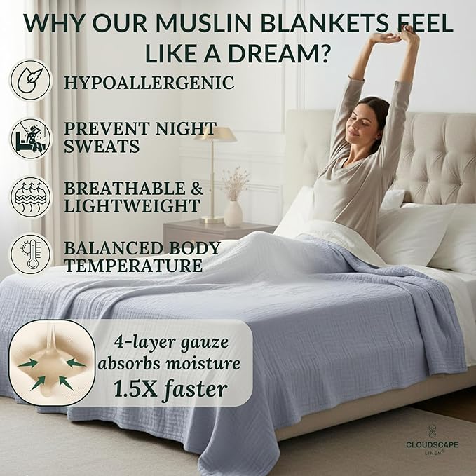 Cloud Scape Linen Oversized 4 Layer Muslin Blanket Twin Size - 100% Cotton, Lightweight & Breathable All Season Gauze, Pre-Washed, for Bed, Couch, fits Twin XL Bed,68x92, Lavender Blue