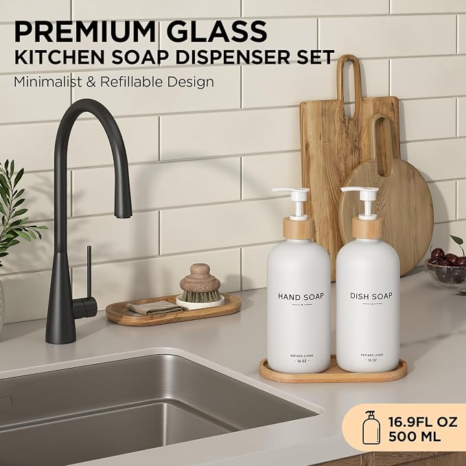 Hand and Dish Soap Dispenser Set, 16oz Glass Bottles - Image 2