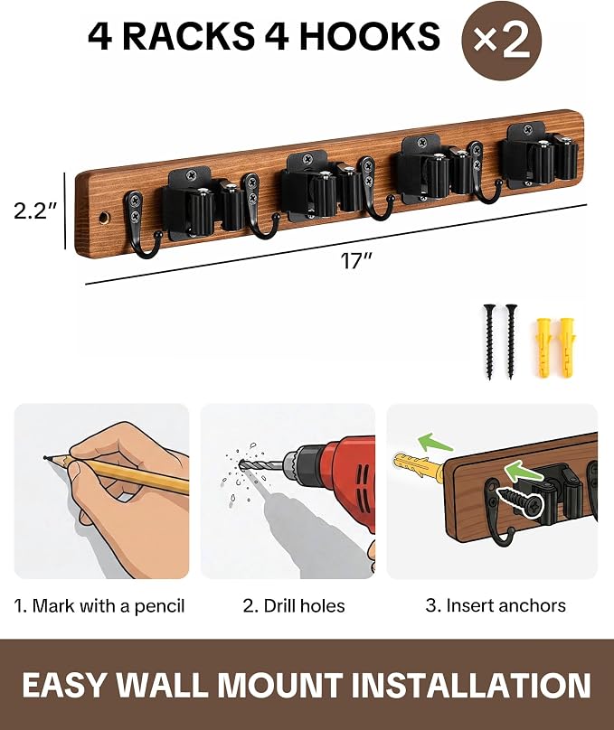 Lorbro 2 Pack Broom Holder Wall Mount, Wooden Broom and Mop Organizer Wall - Image 3