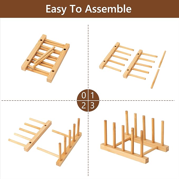 HBlife 4pcs Bamboo Dish Plate Bowl Cup Book Pot Lid Cutting Board Drying Rack - Image 7