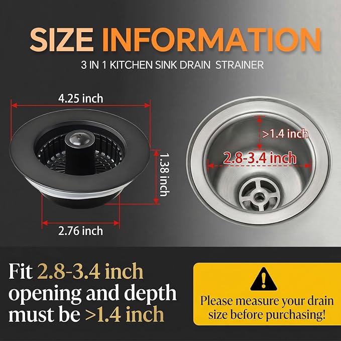 Kitchen Sink Stopper, 3 in 1 Pop Up Kitchen Sink Drain Strainer, - Image 8