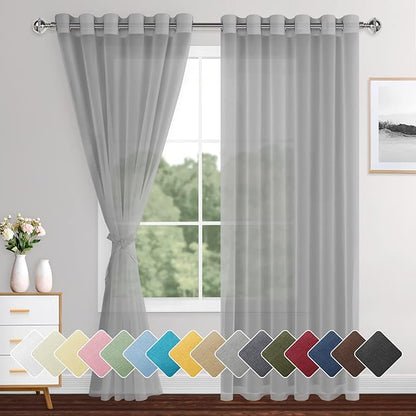 XWZO Grey Sheer Curtains for Bedroom, Light Filtering Voile Textured Drapes, Grommet Tieback Extra Wide Window Curtains for Living Room, Home Office, Kids' Room, 70 x 84 Inch, Set of 2 Panels